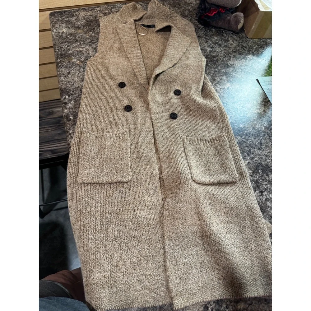 Love Tree Womens Tan Marled Knit Longline Sleeveless Cardigan Vest Medium Pocket